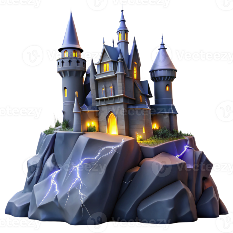 impressive creative A haunted castle perched on a craggy cliff, illuminated by lightning, in a gothic horror style high resolution png