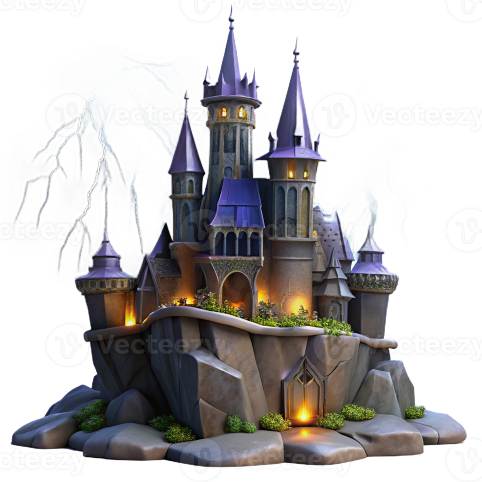 vibrant modern A haunted castle perched on a craggy cliff, illuminated by lightning, in a gothic horror style professional png
