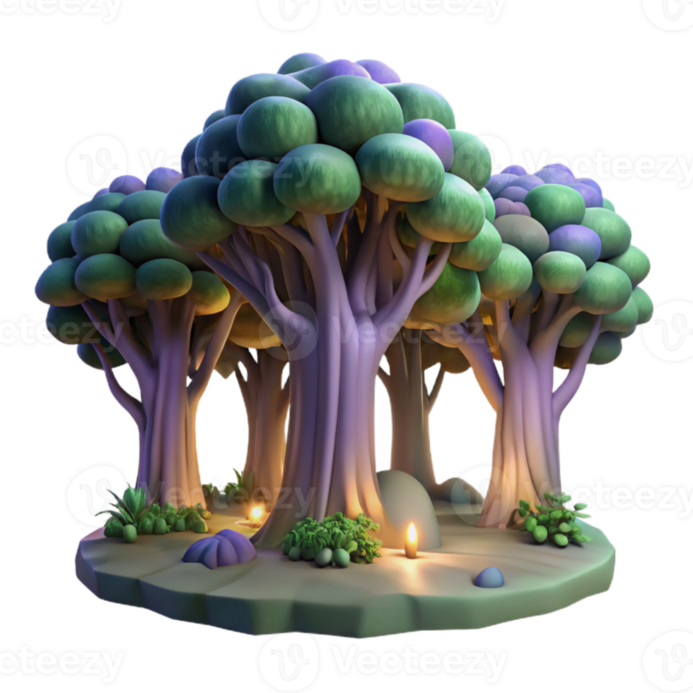 dramatic creative A hidden grove of ancient trees, bathed in ethereal light, in a serene, nature-inspired style high resolution png