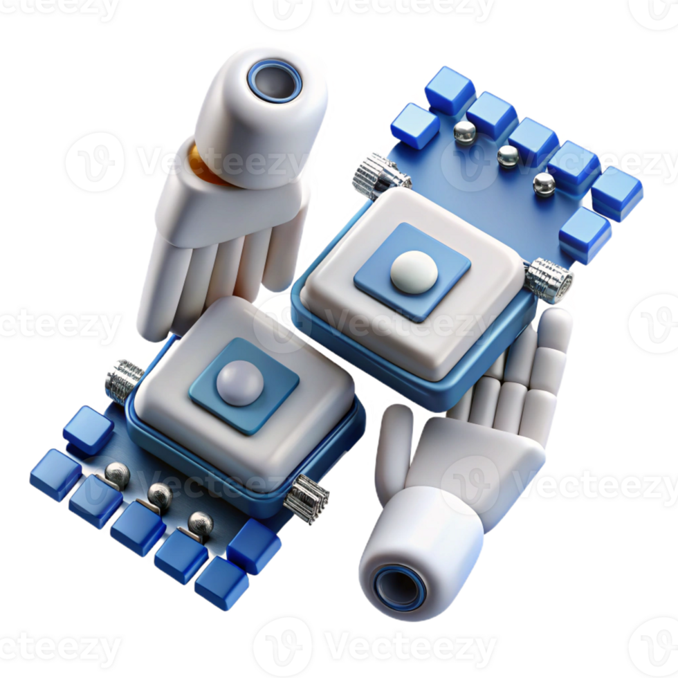 stunning contemporary A pair of robotic hands assembling a complex microchip, intricate details, bright, white lighting premium png