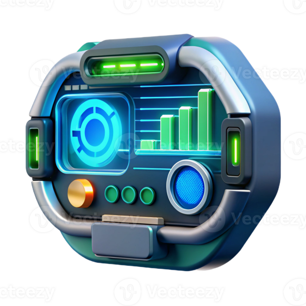 vibrant classic A close-up of a futuristic HUD display, glowing with data and information, cool blue and green lighting high resolution png