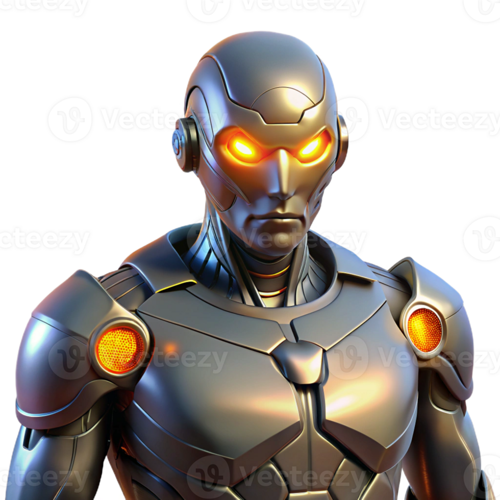serene minimalist A cyborg with glowing eyes and mechanical implants, dark background, dramatic lighting from above authentic png