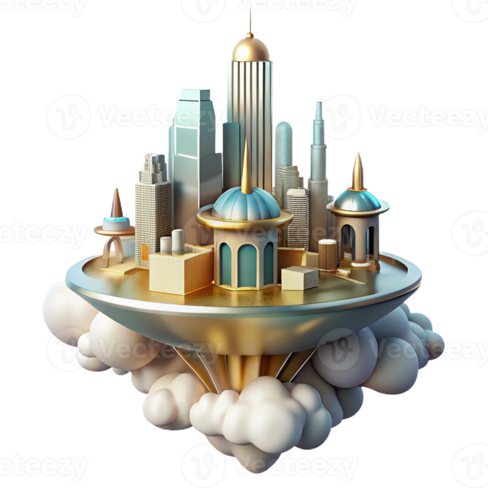 stunning modern A futuristic city floating among the clouds, utopian design, soft, golden lighting detailed png
