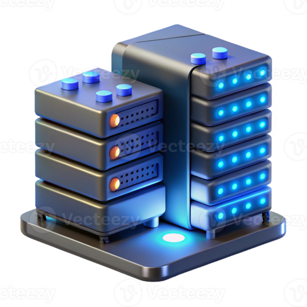 dramatic abstract A server room filled with blinking lights and humming servers, cool blue lighting, realistic rendering genuine png