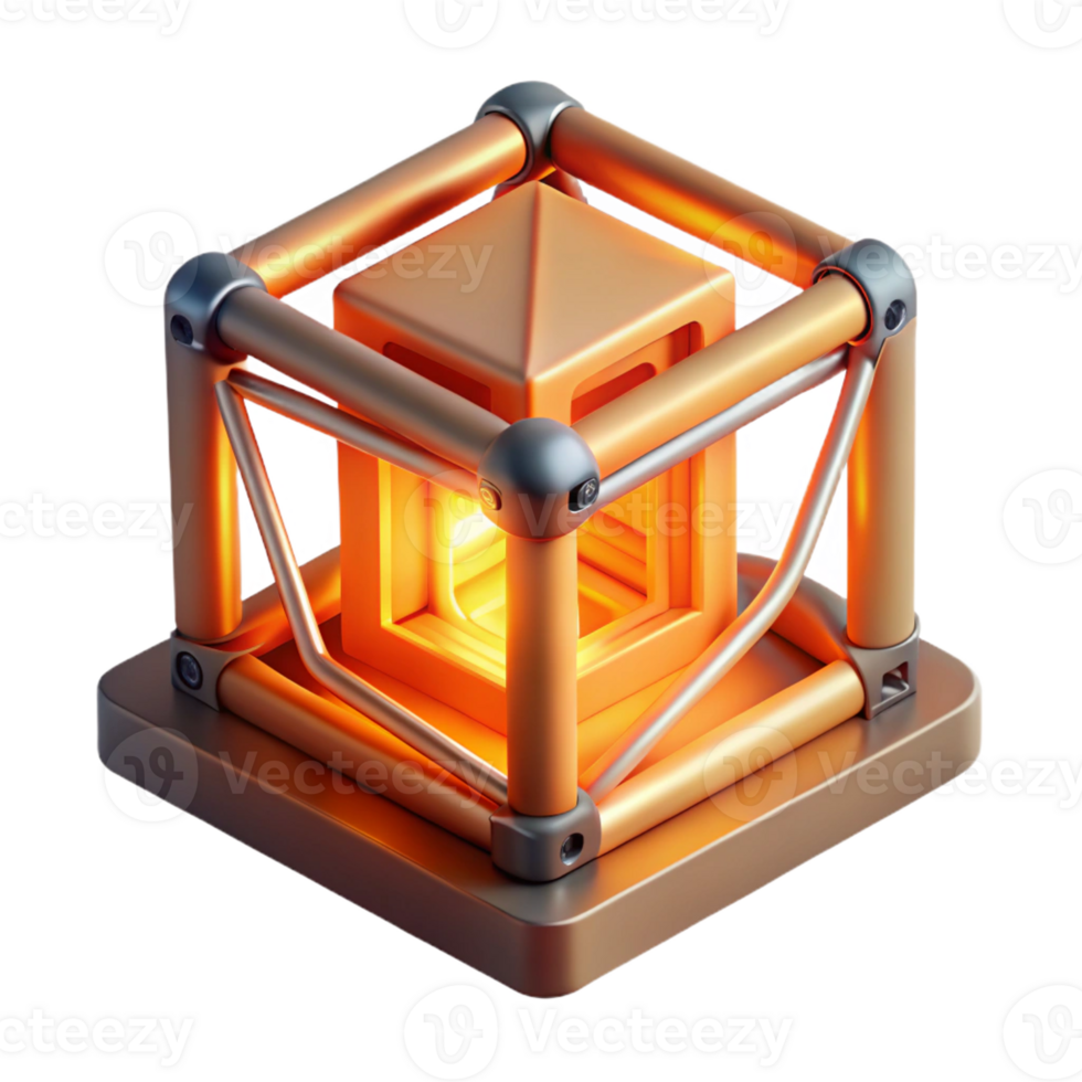 dramatic abstract A 3D printer creating a complex, geometric shape, glowing filament, warm, orange lighting high resolution png