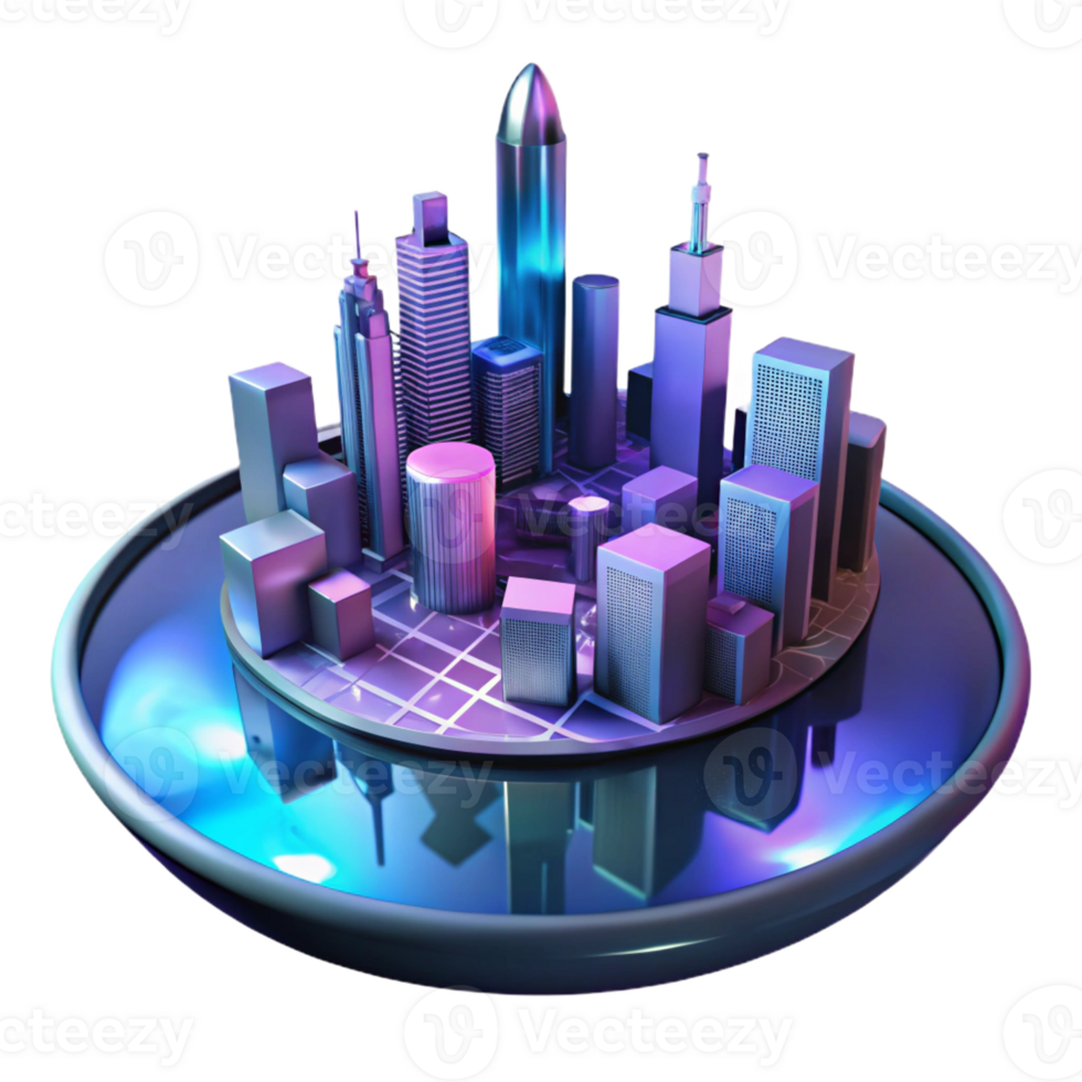 dramatic abstract A futuristic cityscape reflected in a puddle, neon lights, cyberpunk style high resolution png