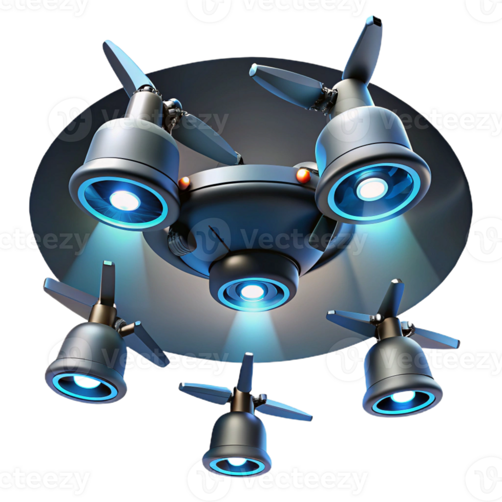 vibrant vintage A group of drones flying in formation, synchronized movements, dark background, spotlights from below high quality png