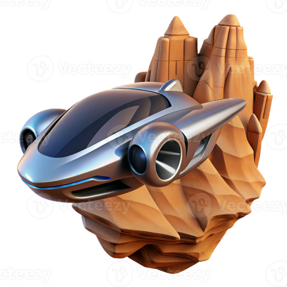 elegant artistic A futuristic vehicle flying through a canyon, sleek design, dynamic lighting high resolution png