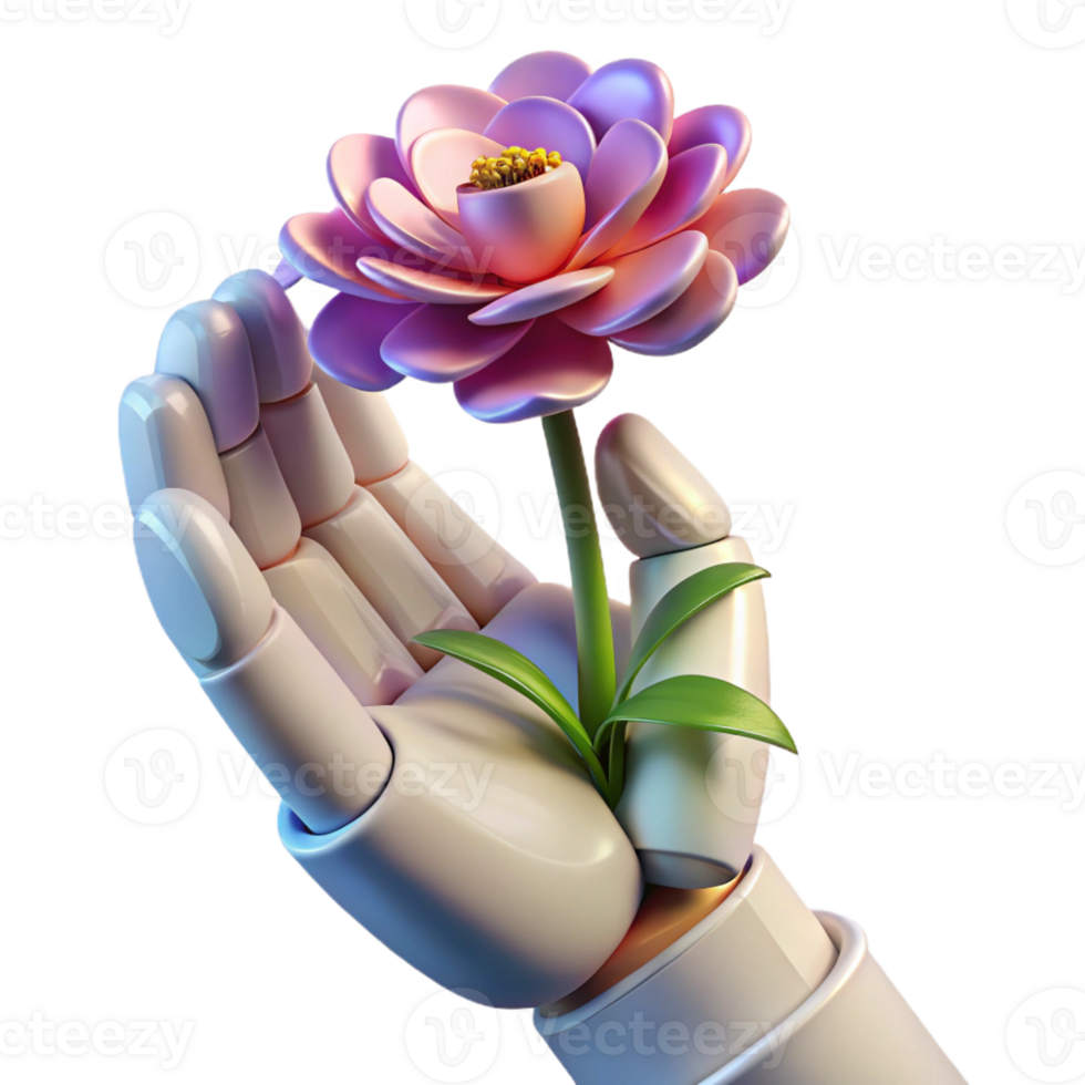 dramatic contemporary A robotic hand holding a delicate flower, contrasting textures, soft lighting high resolution png