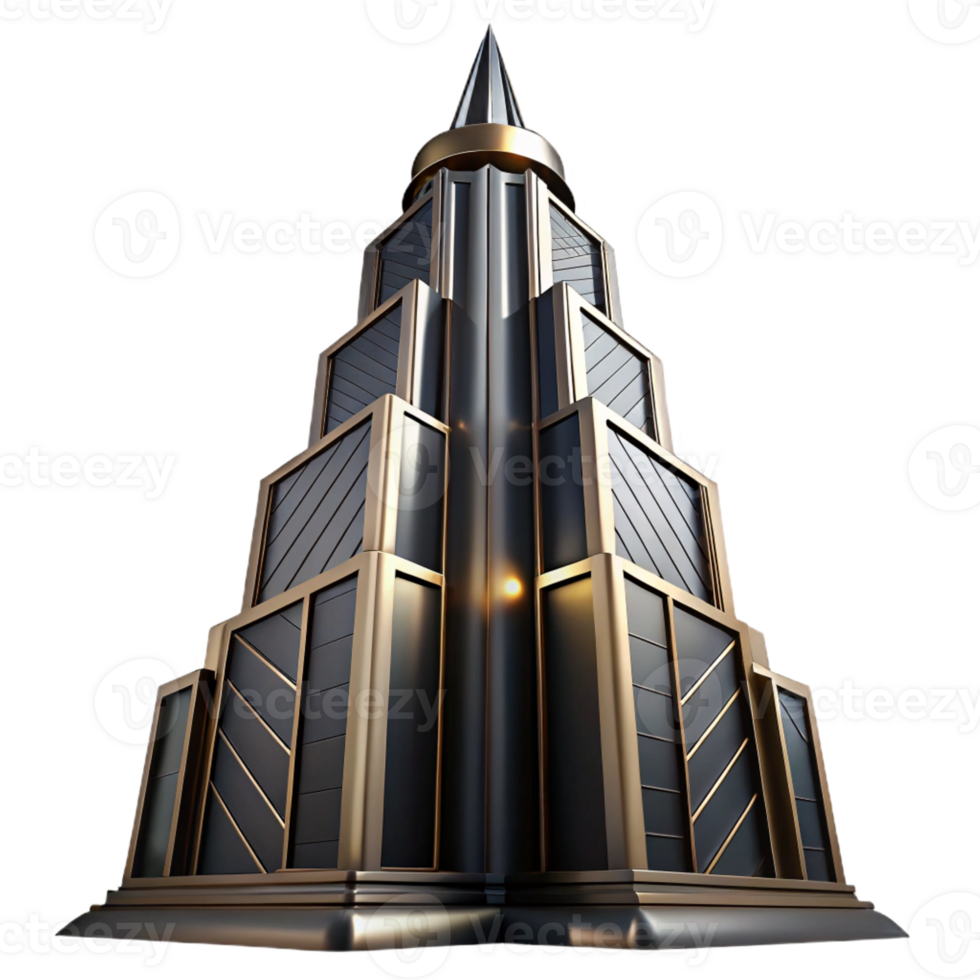 impressive classic Art Deco skyscraper, chrome and black glass, sharp lines, dramatic uplighting, low angle view, cinematic lighting premium png