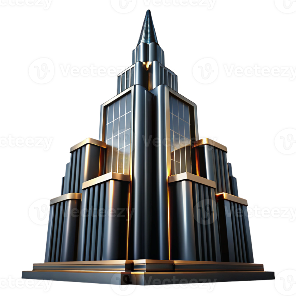 wonderful classic Art Deco skyscraper, chrome and black glass, sharp lines, dramatic uplighting, low angle view, cinematic lighting original png