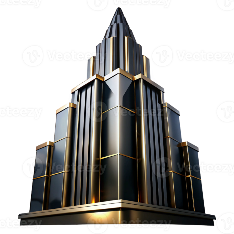 stunning creative Art Deco skyscraper, chrome and black glass, sharp lines, dramatic uplighting, low angle view, cinematic lighting high resolution png