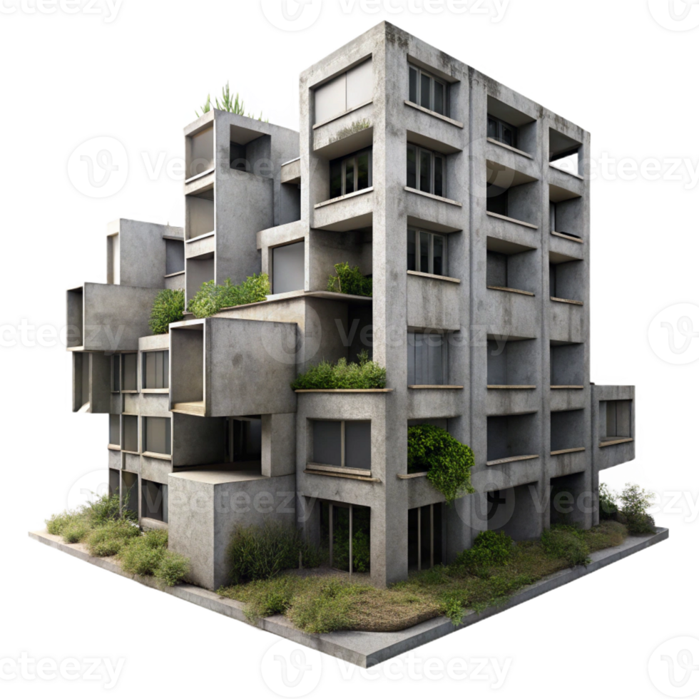 serene rustic Brutalism inspired concrete apartment complex, overcast sky, muted color palette, weeds growing in cracks, photorealistic style high quality png
