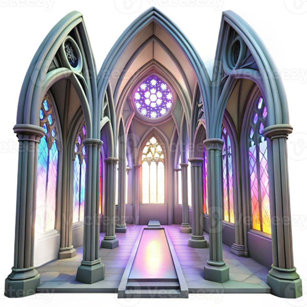 extraordinary modern Gothic cathedral interior, stained glass windows casting colorful light, intricate stone carvings, ethereal atmosphere, wide angle lens original png
