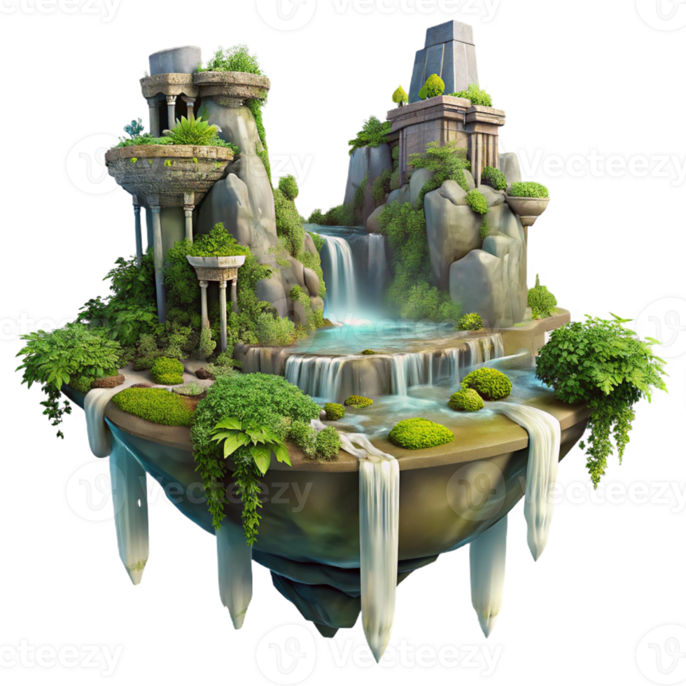 beautiful rustic A floating island with cascading waterfalls and lush vegetation, ancient ruins overgrown with vines, fantasy art style, dramatic lighting premium png