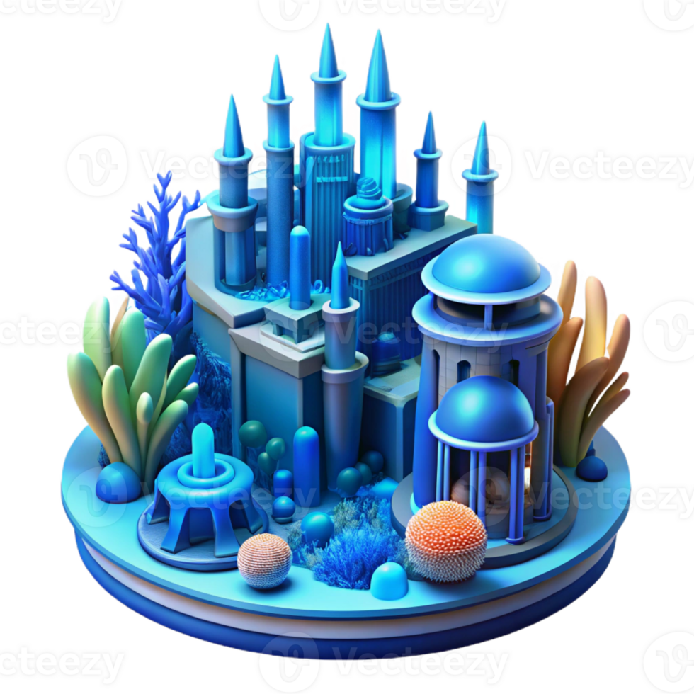 impressive contemporary An underwater city with bioluminescent coral structures, deep blue lighting, futuristic architecture, science fiction style authentic png