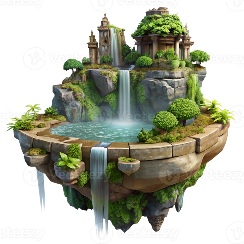 beautiful vintage A floating island with cascading waterfalls and lush vegetation, ancient ruins overgrown with vines, fantasy art style, dramatic lighting exclusive png