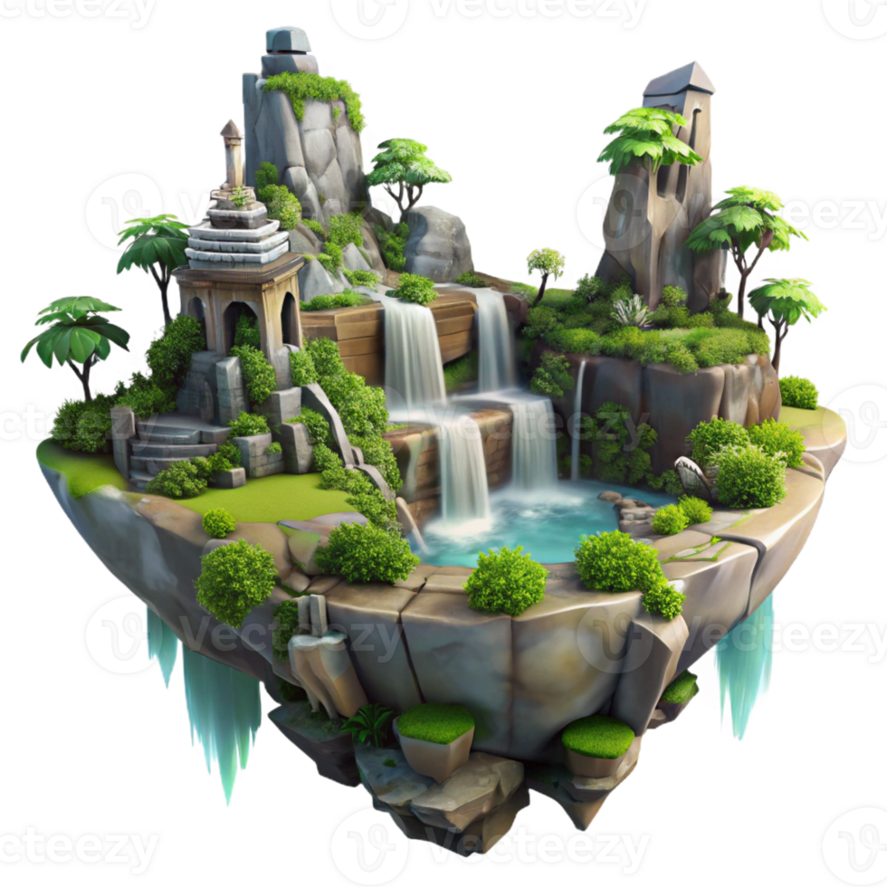 stunning rustic A floating island with cascading waterfalls and lush vegetation, ancient ruins overgrown with vines, fantasy art style, dramatic lighting high resolution png