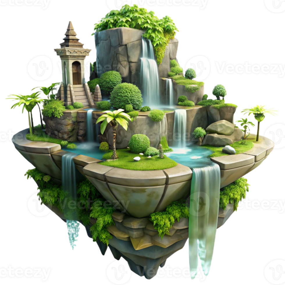 stunning modern A floating island with cascading waterfalls and lush vegetation, ancient ruins overgrown with vines, fantasy art style, dramatic lighting premium png
