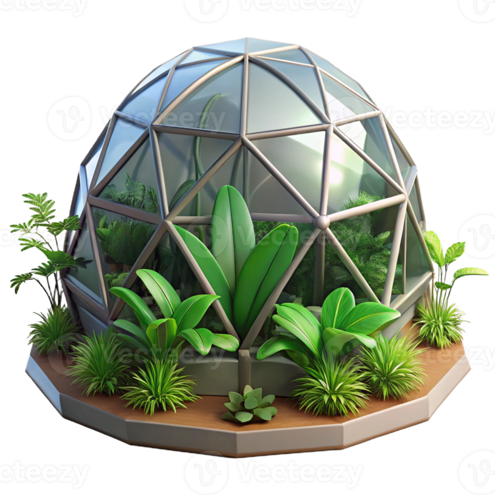 extraordinary creative A geodesic dome greenhouse filled with lush tropical plants, bright sunlight, botanical illustration style detailed png