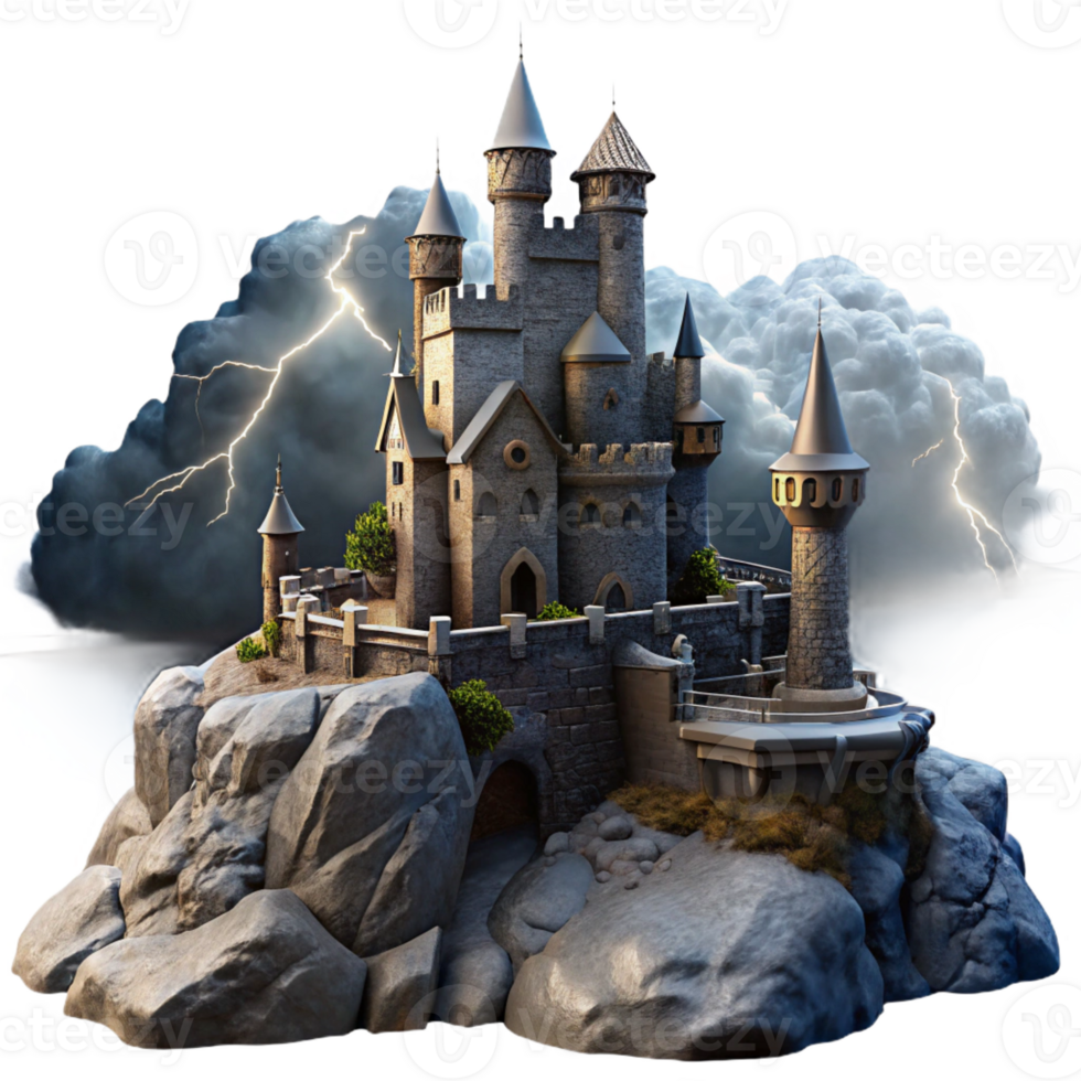 vibrant modern A crumbling medieval castle perched on a rocky cliff, dramatic storm clouds, dark fantasy style detailed png