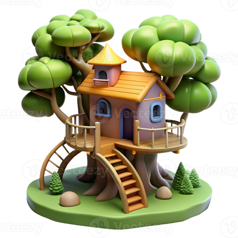 beautiful traditional A whimsical treehouse with winding staircases and balconies, nestled in a lush forest, fairytale style authentic png