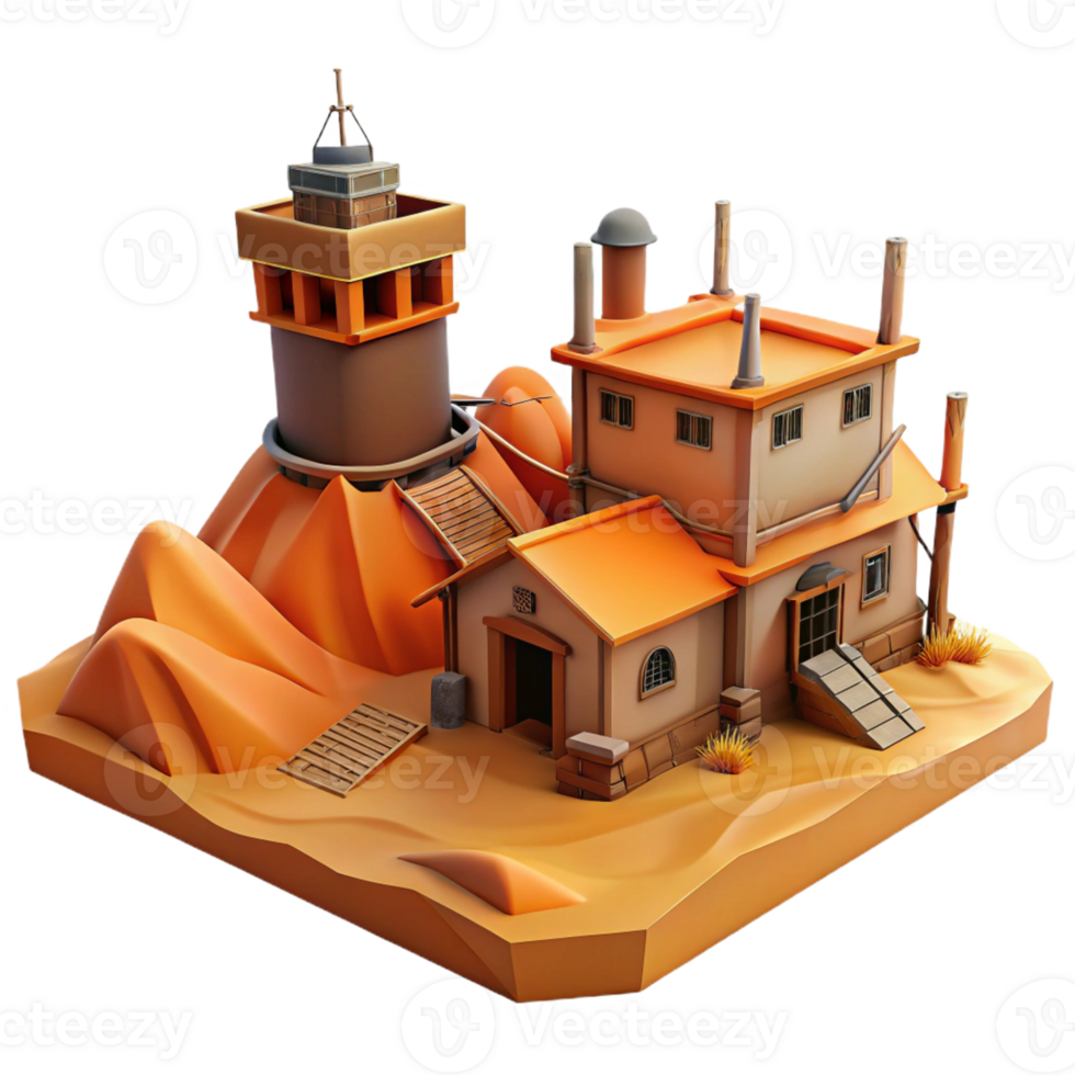 elegant modern A desolate desert outpost with sand dunes and windswept buildings, post-apocalyptic style, orange and brown color palette exclusive png