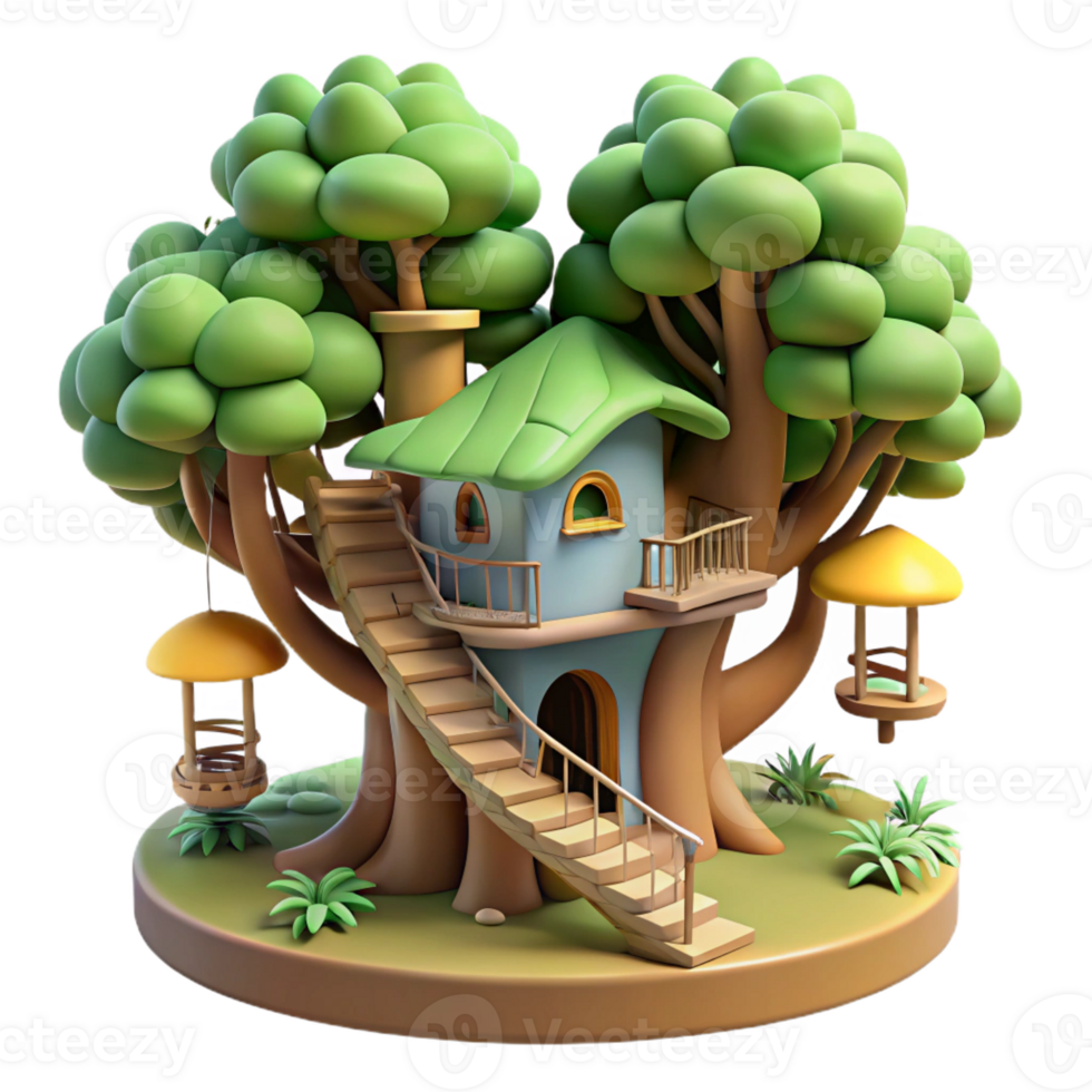 impressive creative A whimsical treehouse with winding staircases and balconies, nestled in a lush forest, fairytale style detailed png