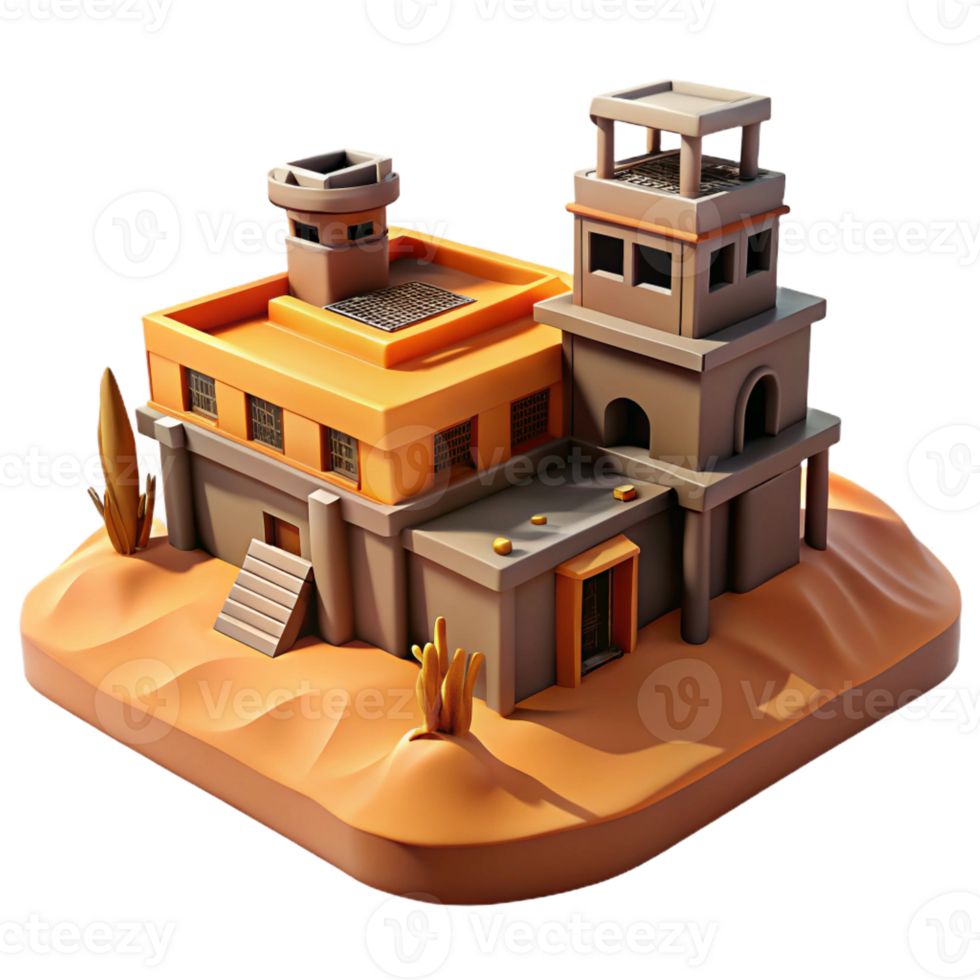 beautiful contemporary A desolate desert outpost with sand dunes and windswept buildings, post-apocalyptic style, orange and brown color palette high resolution png