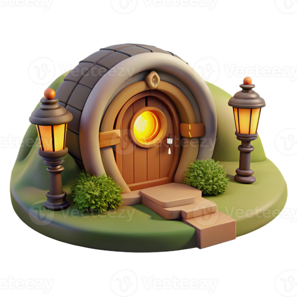 impressive minimalist A cozy hobbit hole built into a hillside, warm firelight glowing through the round window, fantasy art style authentic png