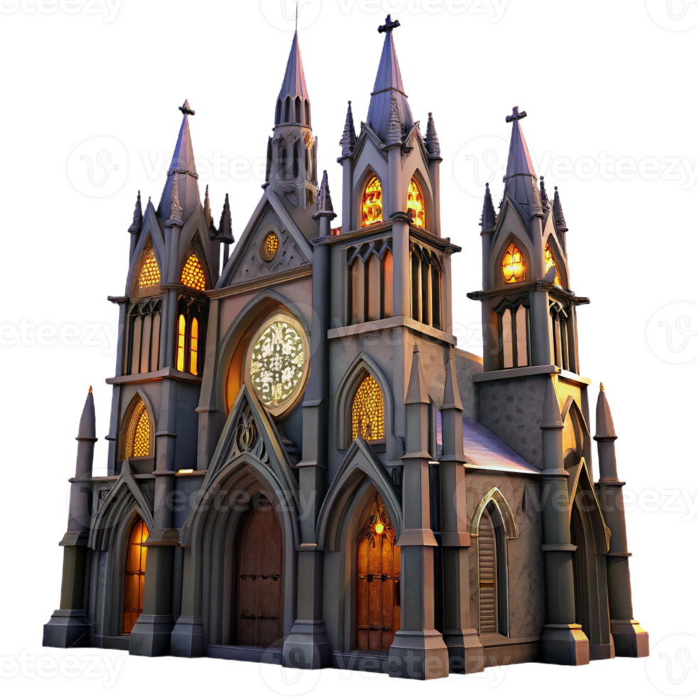 extraordinary minimalist A towering gothic cathedral with intricate stained glass windows and gargoyles, dramatic lighting, dark fantasy style authentic png
