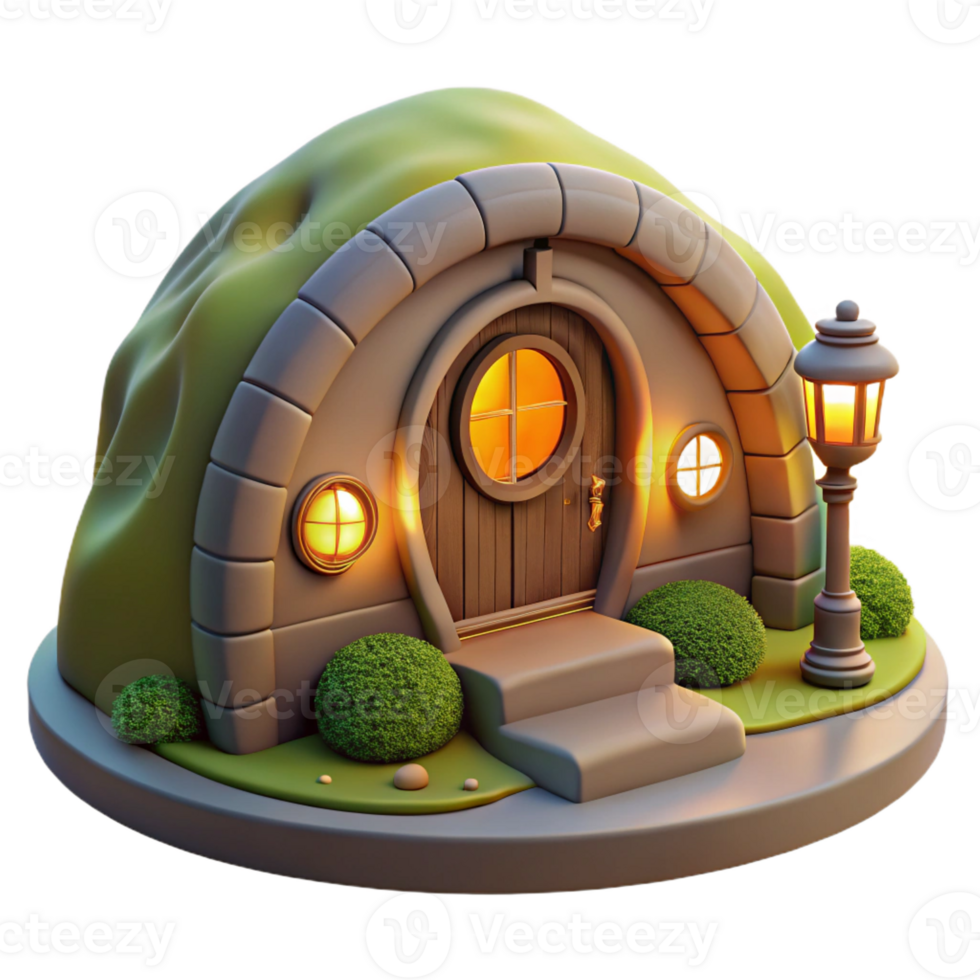 impressive modern A cozy hobbit hole built into a hillside, warm firelight glowing through the round window, fantasy art style premium png