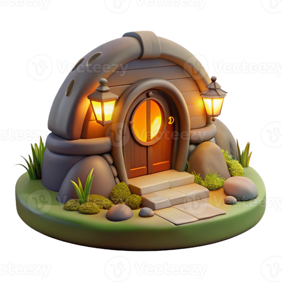 impressive classic A cozy hobbit hole built into a hillside, warm firelight glowing through the round window, fantasy art style premium png