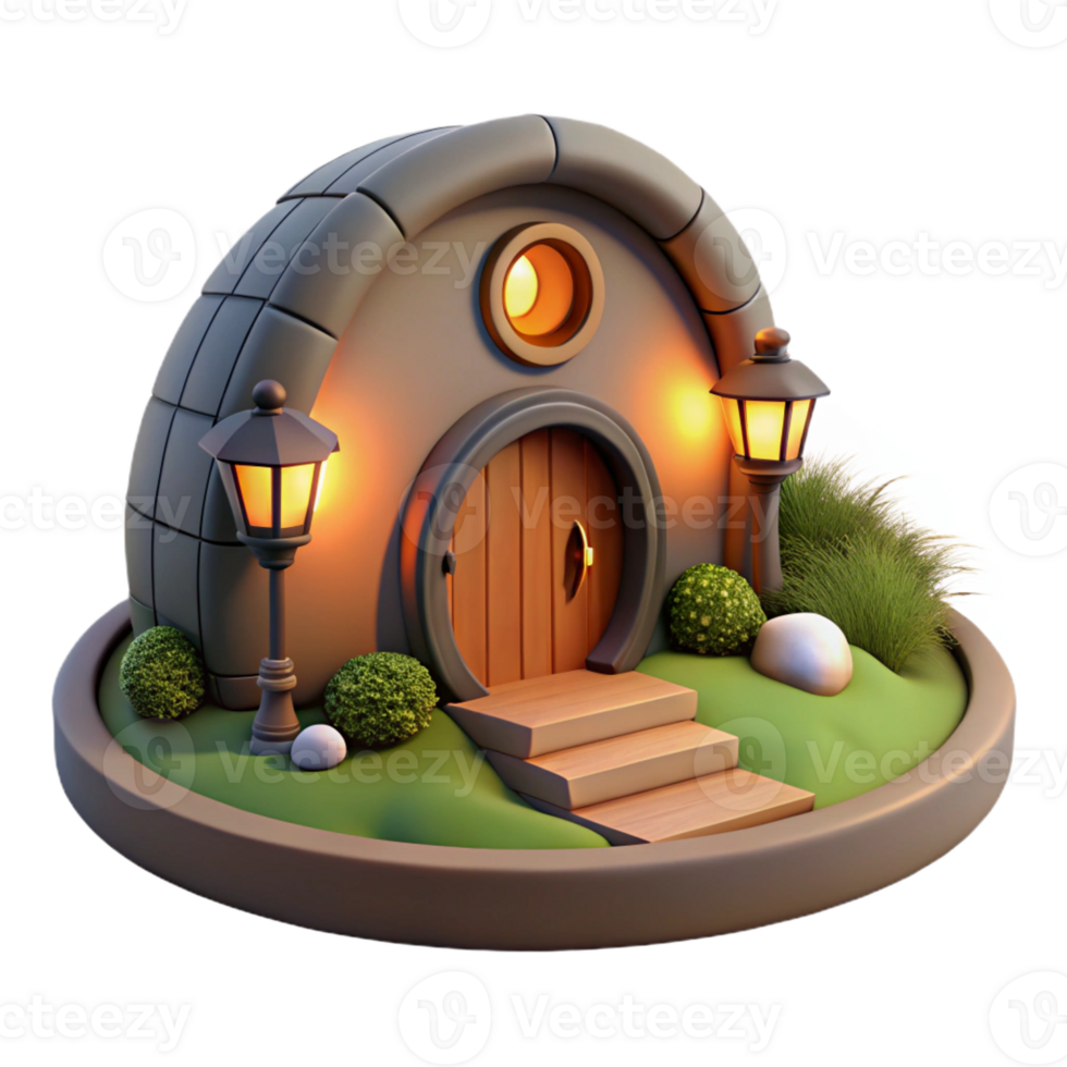beautiful artistic A cozy hobbit hole built into a hillside, warm firelight glowing through the round window, fantasy art style premium png