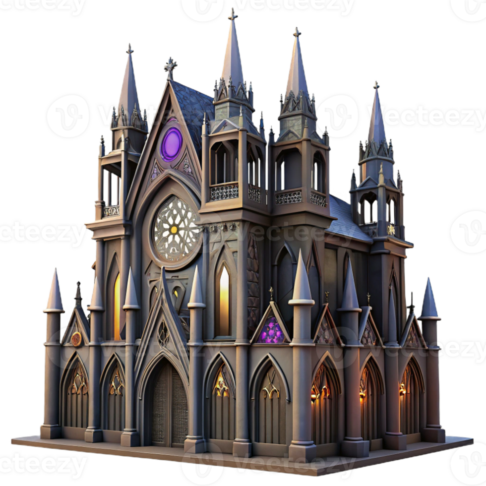 impressive contemporary A towering gothic cathedral with intricate stained glass windows and gargoyles, dramatic lighting, dark fantasy style high resolution png