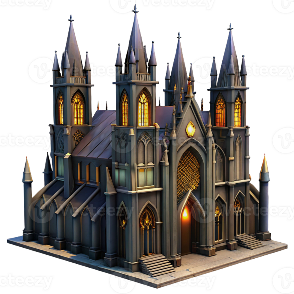 stunning rustic A towering gothic cathedral with intricate stained glass windows and gargoyles, dramatic lighting, dark fantasy style high quality png