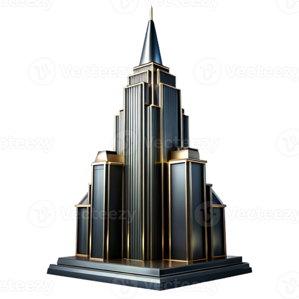 magnificent contemporary A towering Art Deco skyscraper with chrome and black glass, sharp lines, dramatic uplighting, cinematic lighting premium png