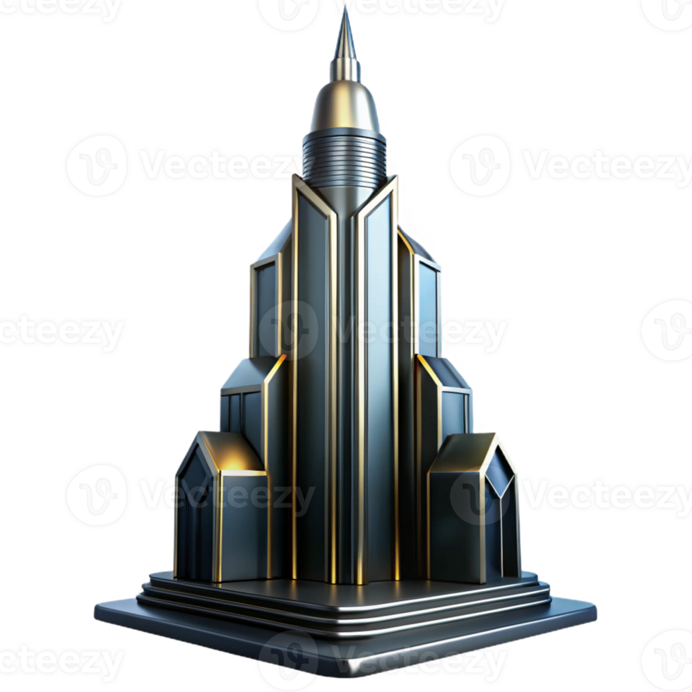 stunning minimalist A towering Art Deco skyscraper with chrome and black glass, sharp lines, dramatic uplighting, cinematic lighting genuine png