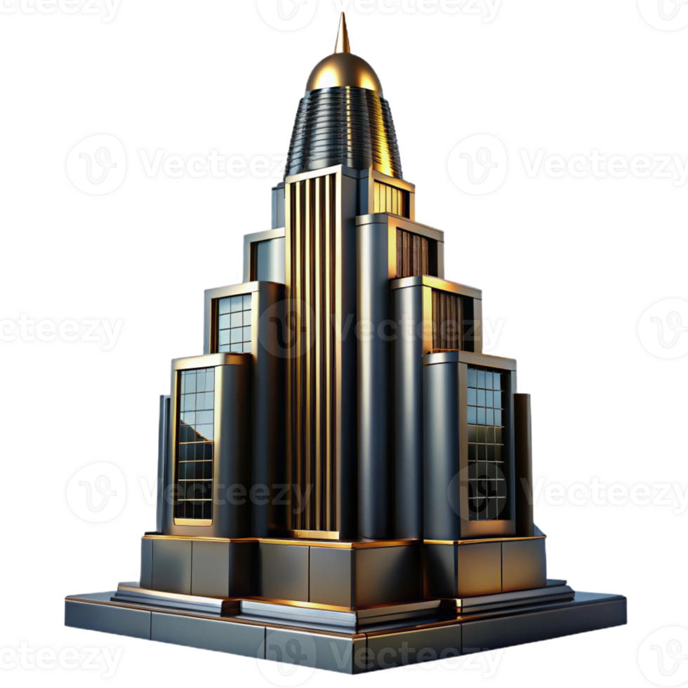 serene modern A towering Art Deco skyscraper with chrome and black glass, sharp lines, dramatic uplighting, cinematic lighting original png