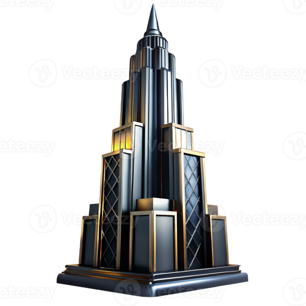 elegant vintage A towering Art Deco skyscraper with chrome and black glass, sharp lines, dramatic uplighting, cinematic lighting high quality png
