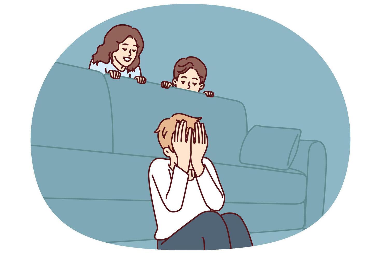 Boy plays hide and seek with friends sitting near sofa and waiting for other children to hide vector