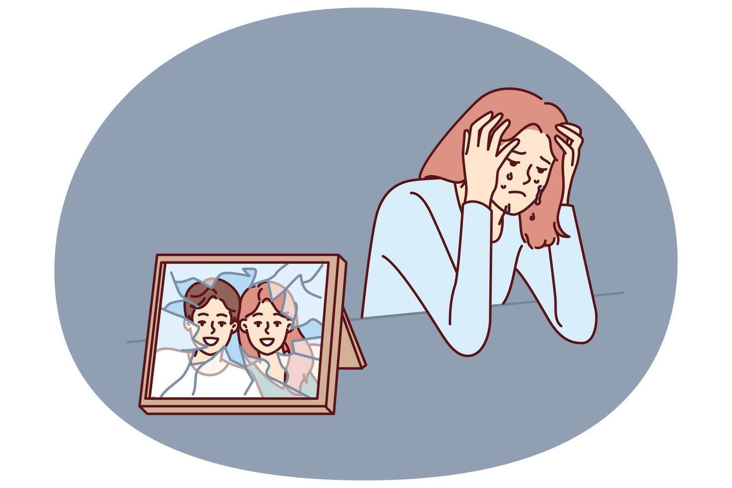 Woman cries after breaking up with husband and is sad sitting near broken photo with happy family vector