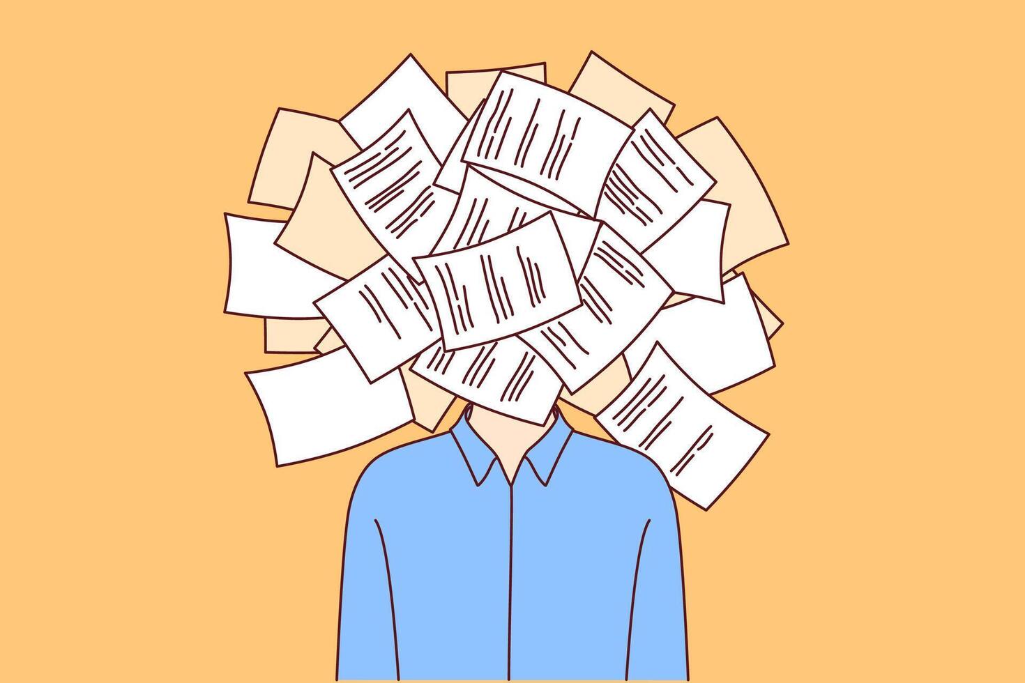 Man suffering from bureaucracy and paperwork, stands with bunch of documents instead of face vector