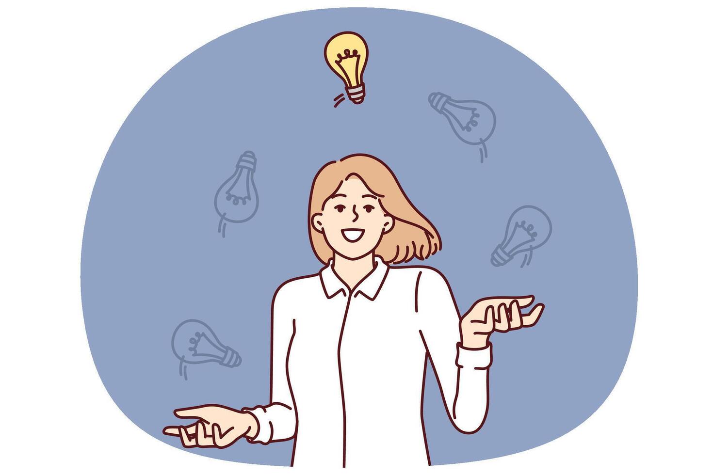 Woman with new ideas juggles light bulbs choosing best option to complete task assigned by manager vector