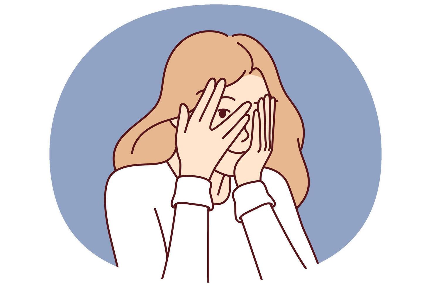 Woman covers eyes with hands and peeps, refusing to see unpleasant things and hiding from problems vector