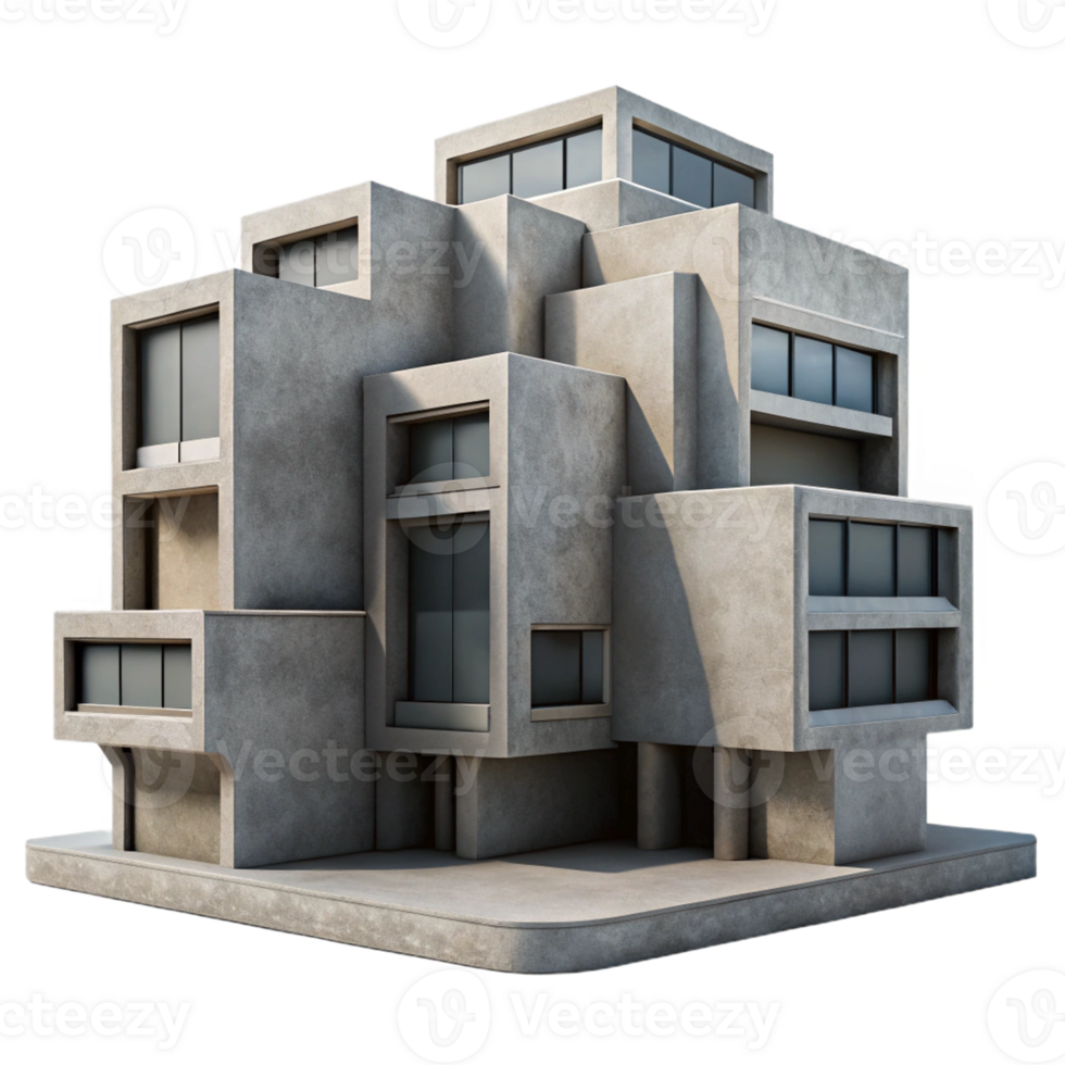 wonderful artistic A Brutalist concrete apartment complex with geometric shapes and exposed concrete surfaces, overcast sky, muted color palette premium png