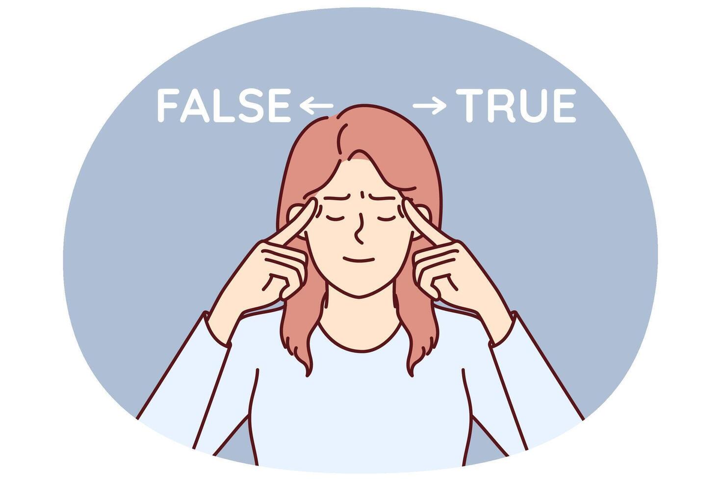 Woman near inscriptions false and true reflects trying to choose from two options and make decision vector