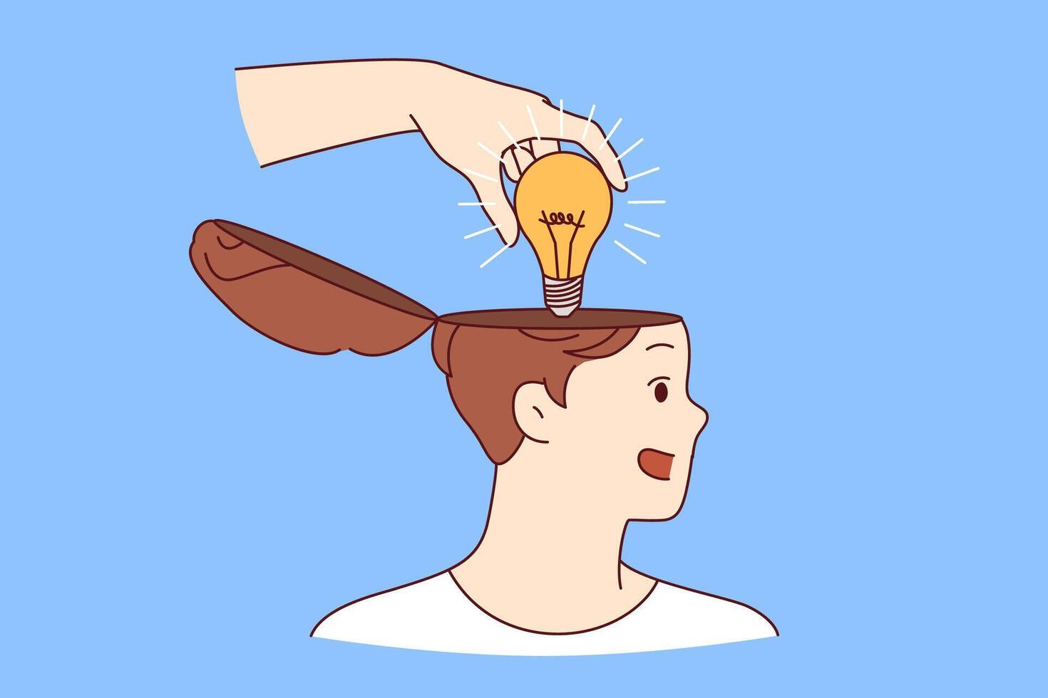 Mentor hand puts idea in shape light bulb into man head, symbolizing training and valuable advice vector