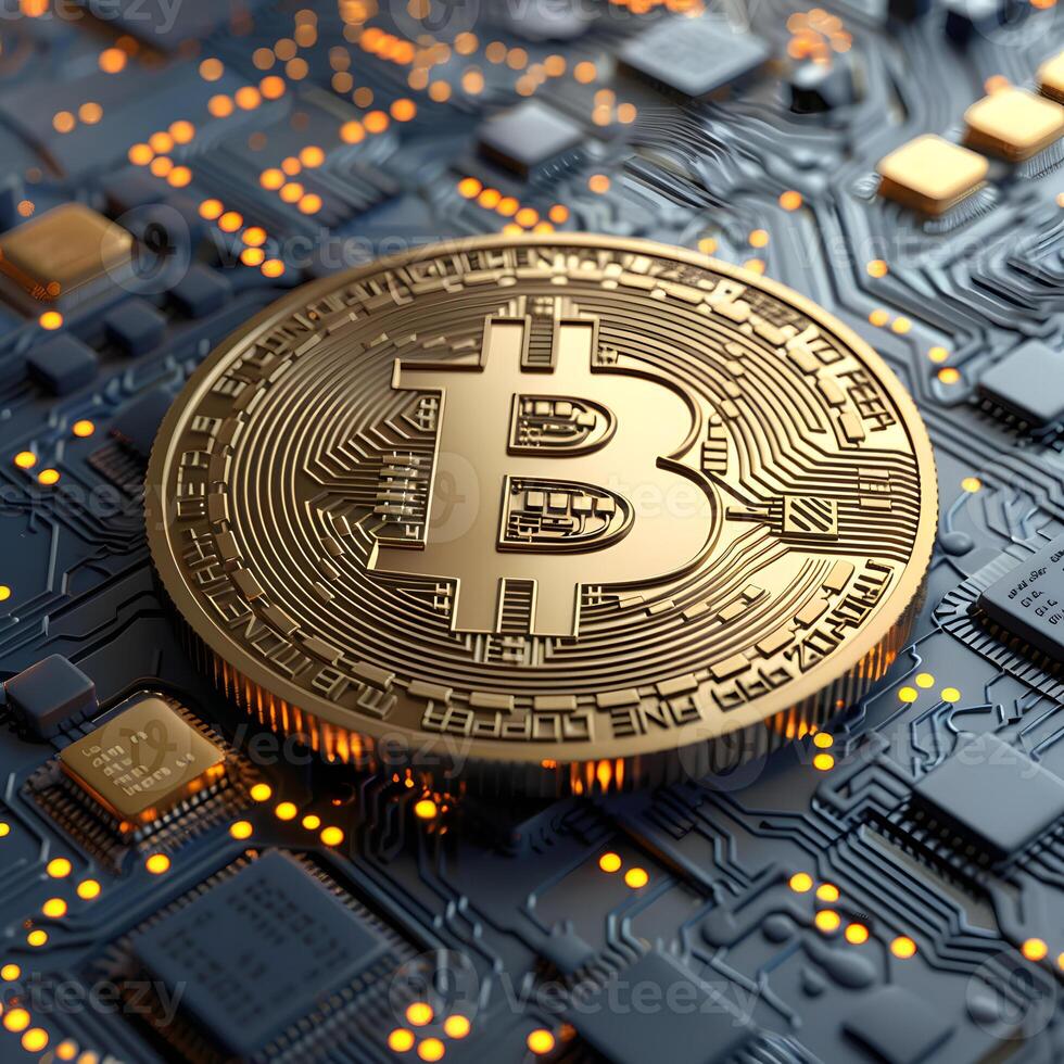 Bitcoin Symbol on Circuit Board Reflecting Cryptocurrency Technology photo