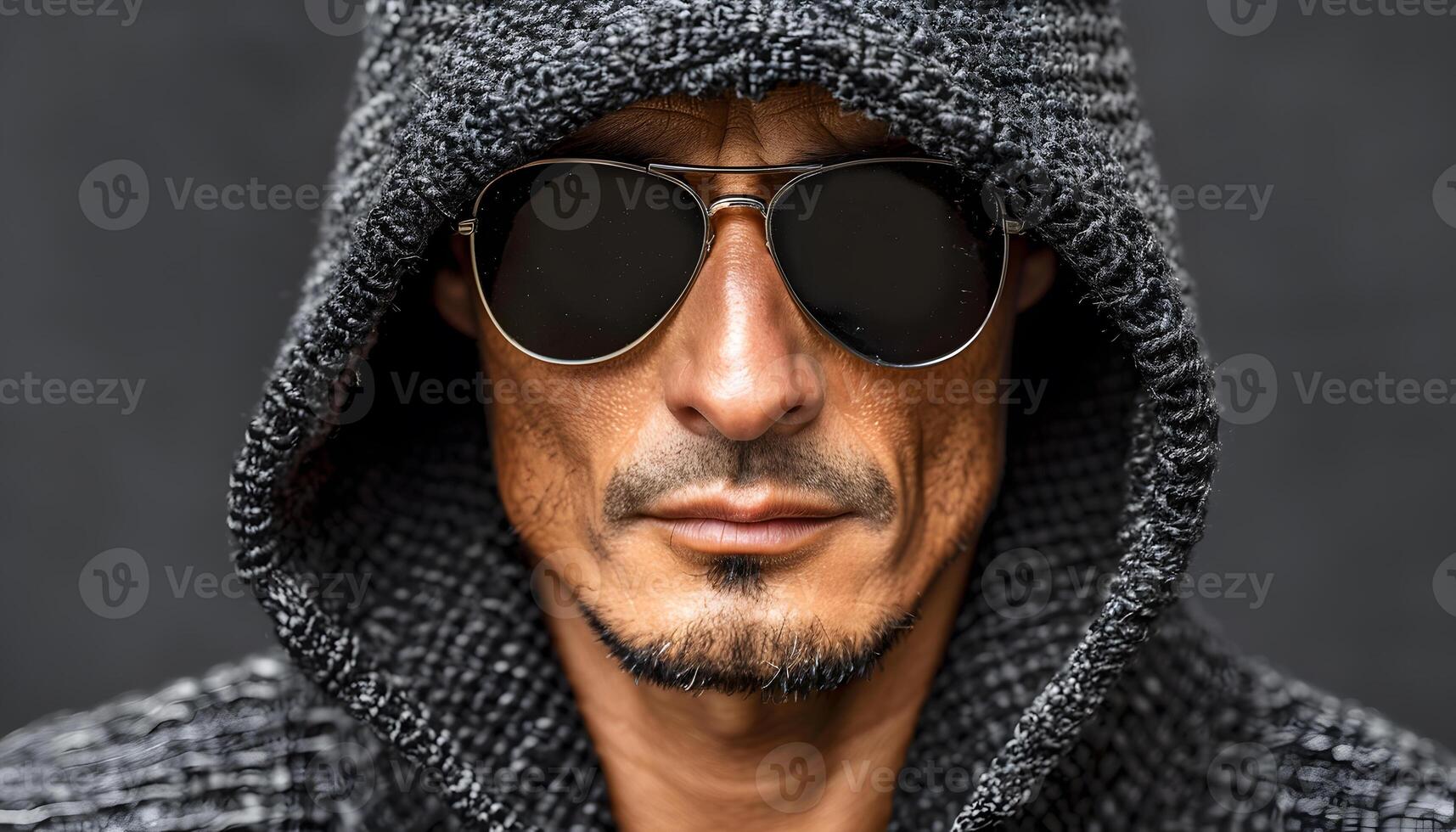 A man with sunglasses and a hoodie is gazing at the camera photo